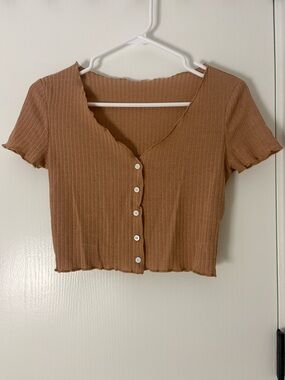 SHEIN Ribbed Button-Up Brown Crop Top